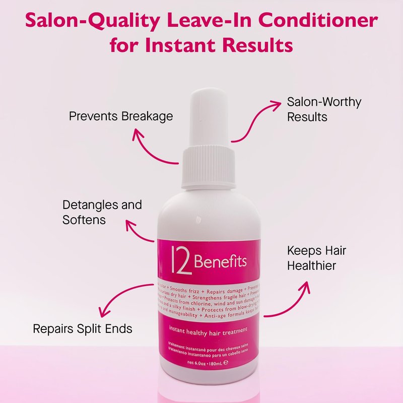 12 Benefits Leave-In Conditioner Spray + Salon-Quality Repair & Shine + 12-in-1 Professional Hair Treatment + Heat Protection + Anti-Frizz + Detangles & Strengthens + Instant Healthy Hair, 6 Fl Oz