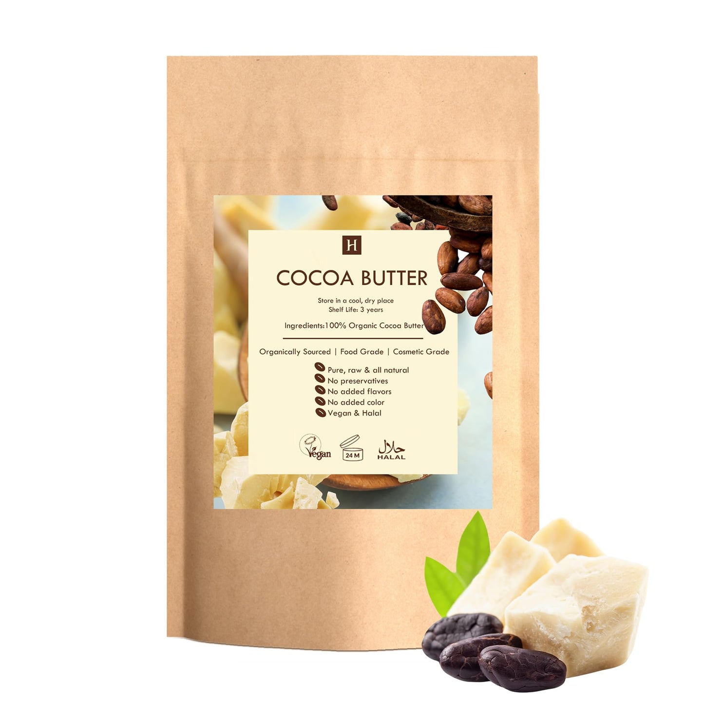 Cocoa (Cacao Butter) Butter, Pure, Raw, Unprocessed. Incredible Quality and Scent. Use for Lotion, Cream, Lip Balm or Body Butter. NON-GMO, Vegan - 1 lb By SaaQin®