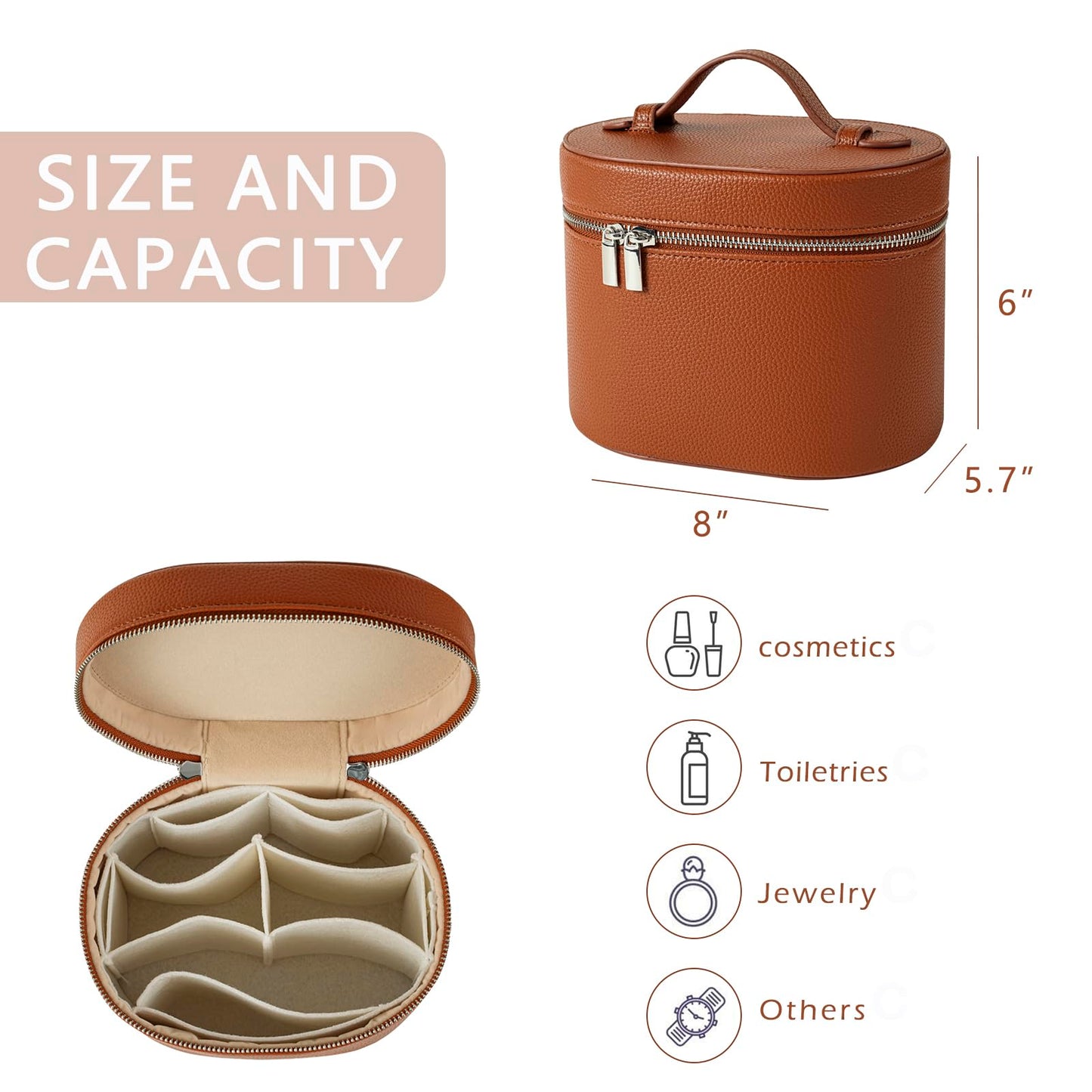 RSRSLEII Aesthetic Makeup Bag, Travel Makeup Vanity Case with Divider and Handle, Waterproof PU Leather Cosmetic Organizer Bag, Portable Toiletry Bag for Women(01Brown)