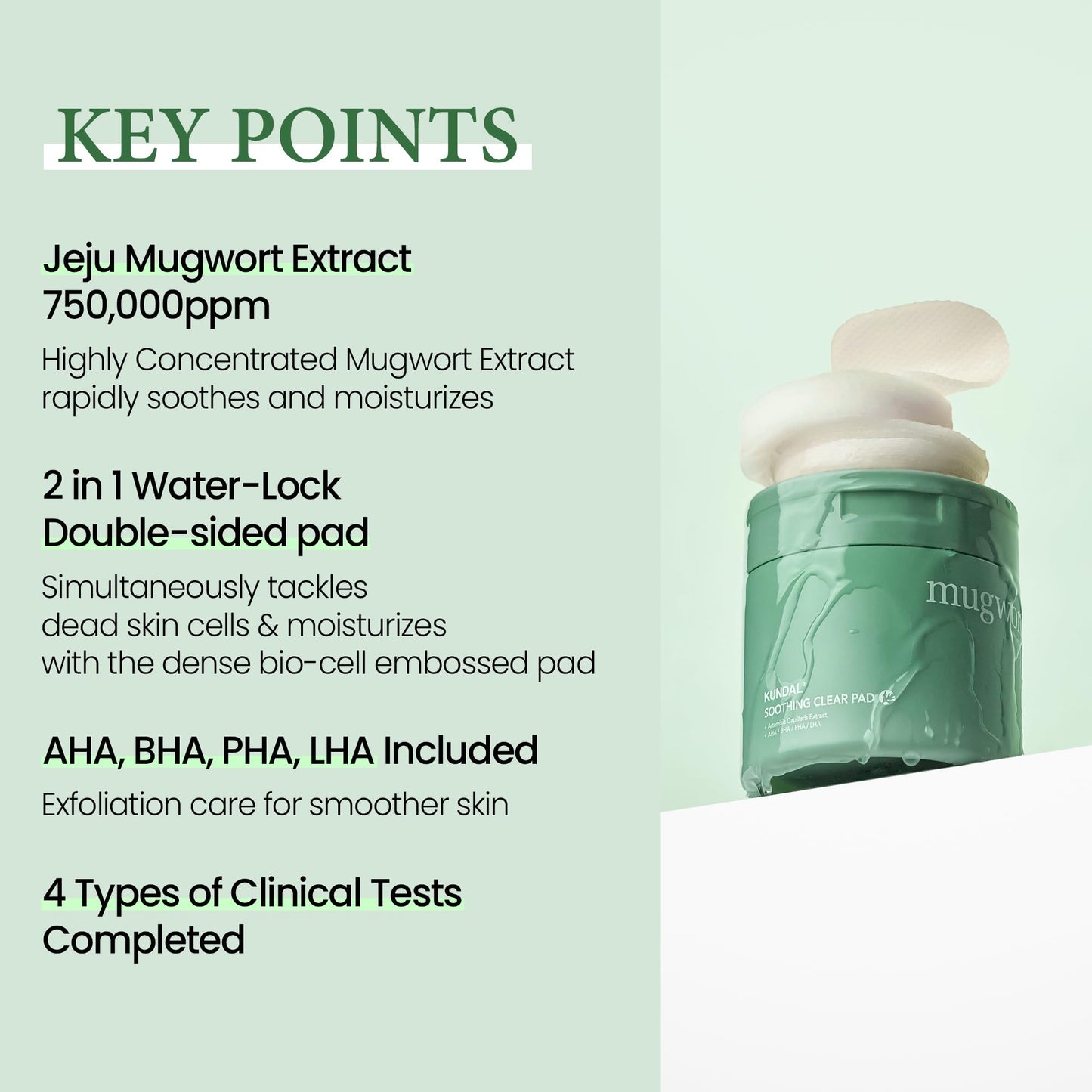 KUNDAL K Beauty Calming Cleansing Clear Pad, Jeju Mugwort, 60 Ct - Highly Concentrated Mugwort Extract Soothes & Moisturizes, Double Sided to Cleanse & Gently Exfoliate, Even Out Facial Texture