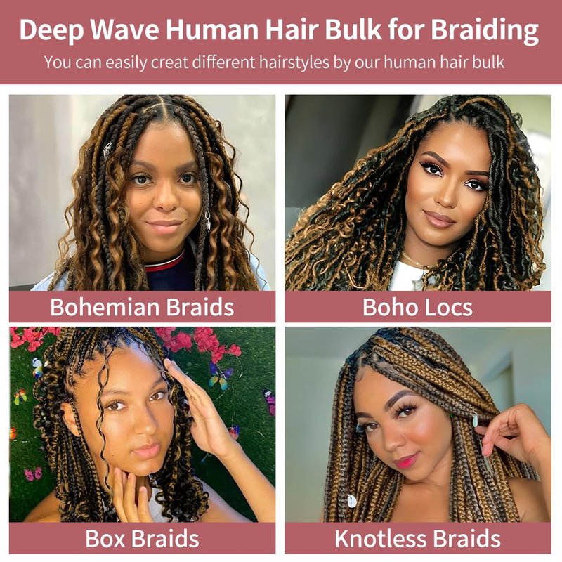 Human Braiding Hair - 22 Inch 60G Deep Wave Bulk for Boho Knotless Braids | Wet & Wavy Curly Hair