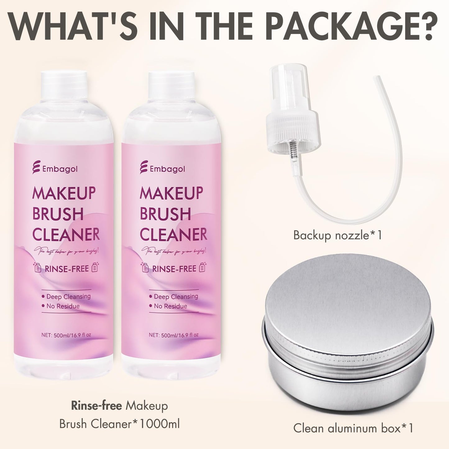 Embagol Makeup Brush Cleaner, Easily Remove Stubborn Makeup, Dirt & Impurities from Makeup Brushes, Rinse-Free & Quick Drying & Vegan & Cruelty-Free(1000 ml/33.8 fl oz, pack of 2)
