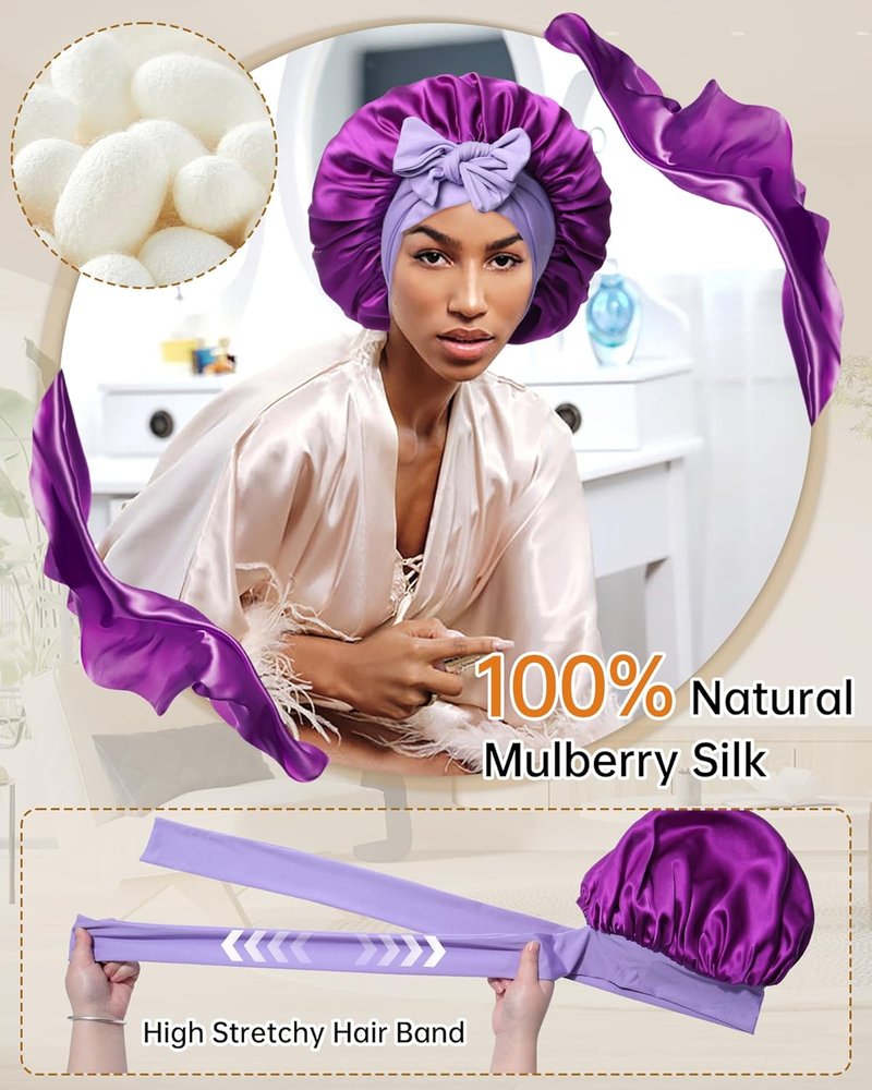 Mulberry Silk Bonnet for Women - Comfortable Sleep Cap with Elastic Tie & Scrunchies | Wisteria & Violet