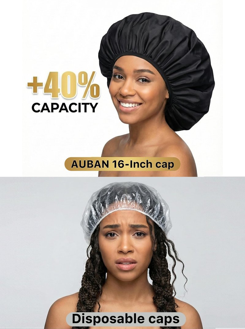 Auban Extra Large Shower Cap, Double-Layer Waterproof Reusable, XL Satin Lining Shower Bonnet for Women Thick, Long Hair, Locs, Braids(Black)