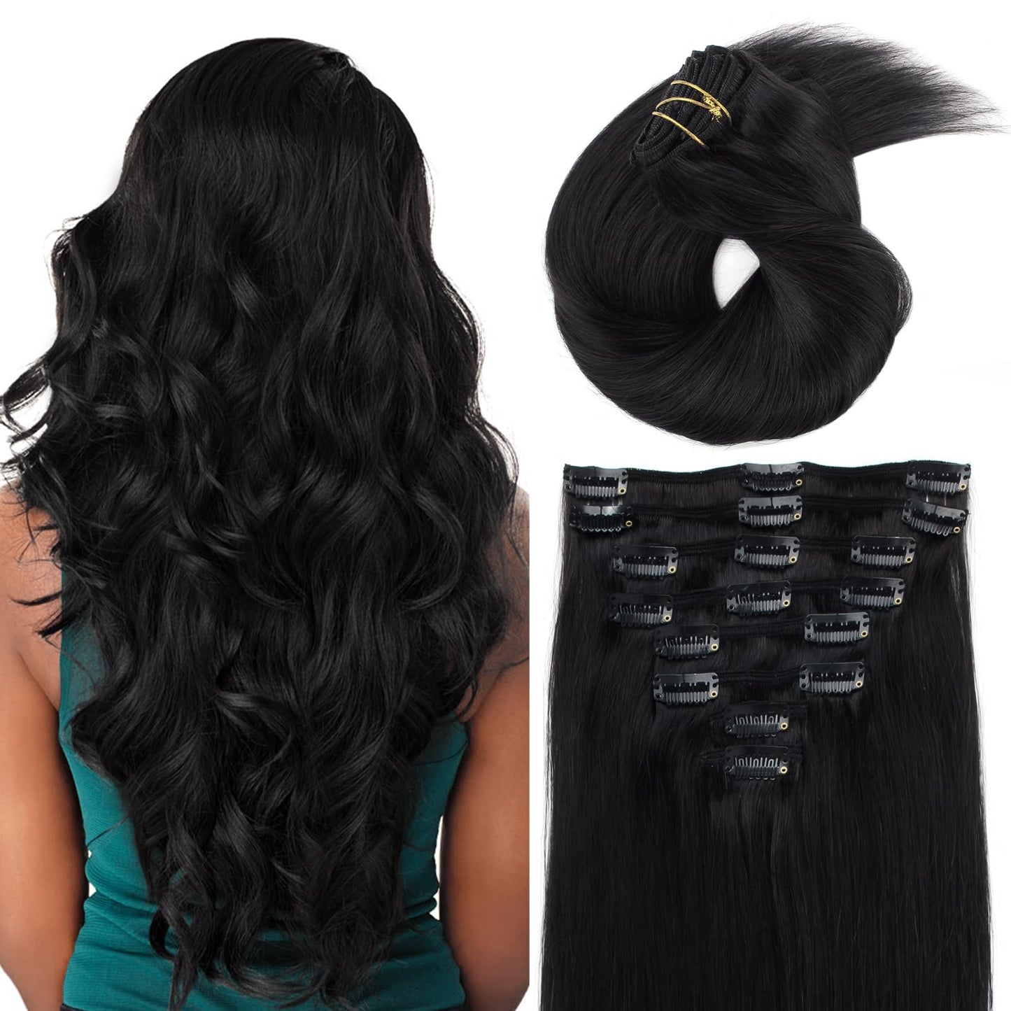 ABH AMAZINGBEAUTY HAIR Clip in Hair Extensions Real Human Hair Invisible Double Wefts 100% Real Remy Human Hair Clip in Extensions Silky Straight Jet Black 18 Clips 90G 16 Inch