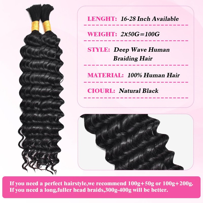 Deep Wave Bulk Human Braiding Hair - 100% Brazilian Virgin Hair for Knotless Braids | 18 Inch, 1B Color, 100g