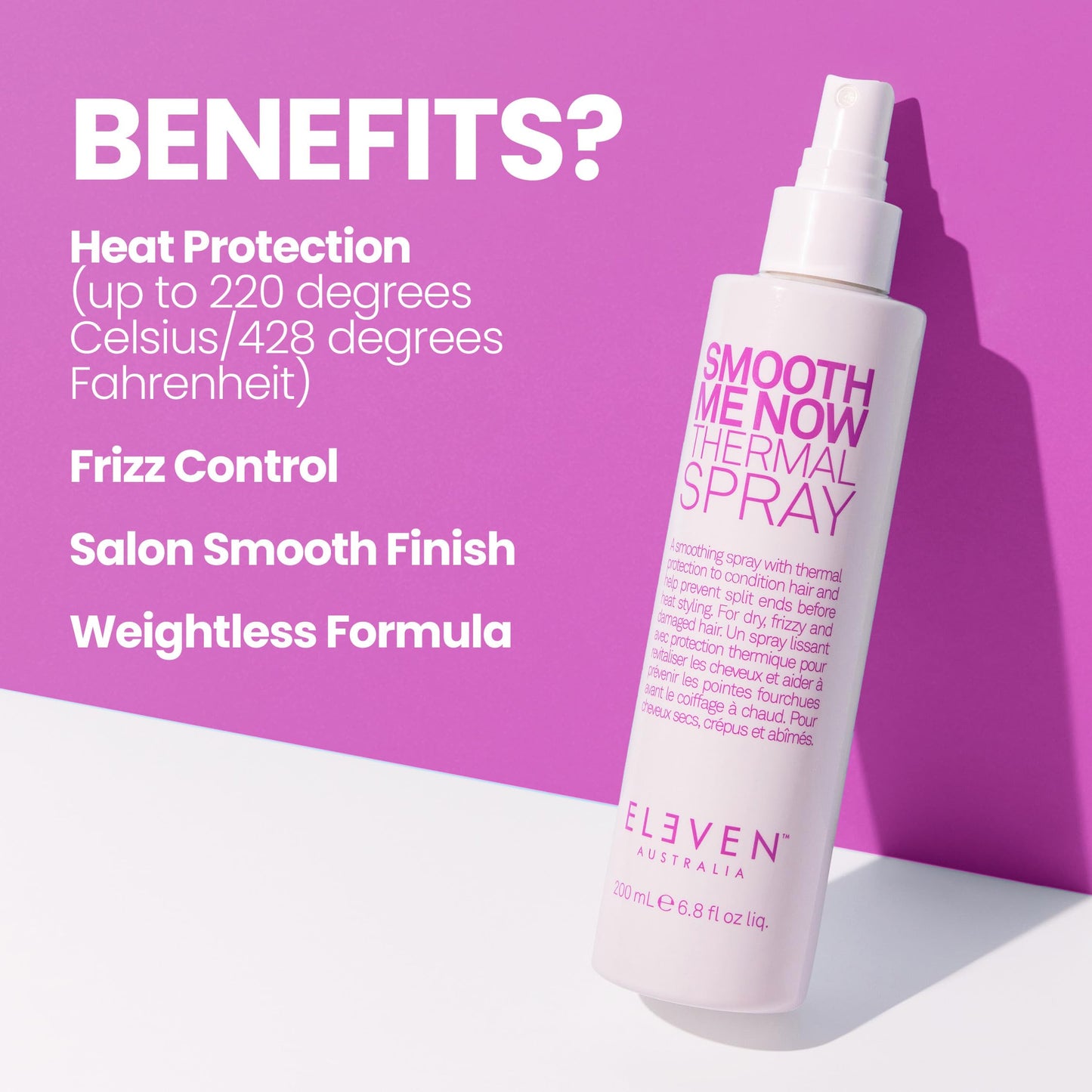 ELEVEN AUSTRALIA Smooth Me Now Thermal Spray for Women & Men - Heat Protectant Spray for Hair, Anti Frizz, Heat Styling Protection for Dry Damaged Hair, Sleek Results, Lightweight Formula - 6.8 fl oz
