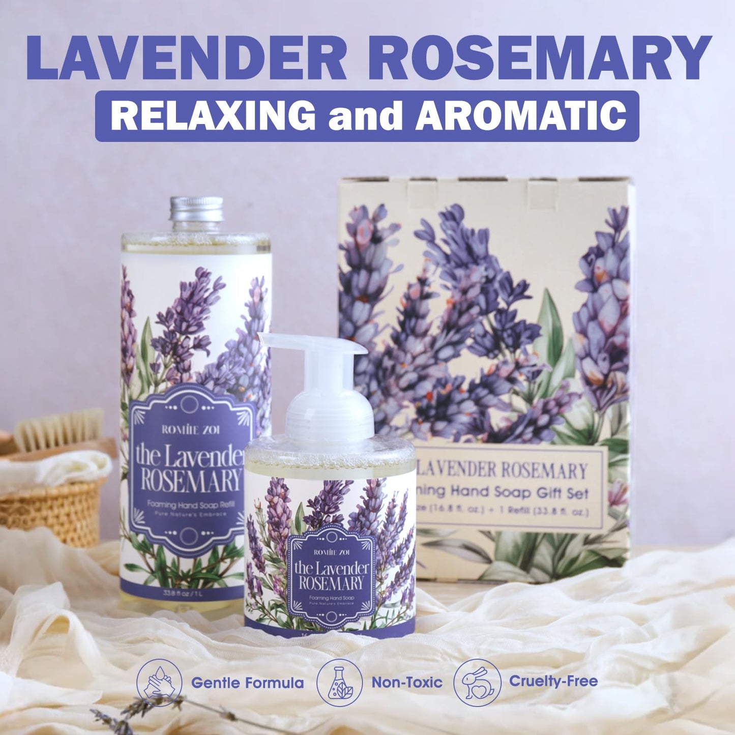 ROMIIE ZOI Foaming Hand Soap Gift Set, 1000ml Refill+500ml Foaming Soap, Cruelty-Free, Biodegradable Formula with Essential Oils for Sensitive Skin, Lavender Rosemary Scent, For Kitchen & Bathroom