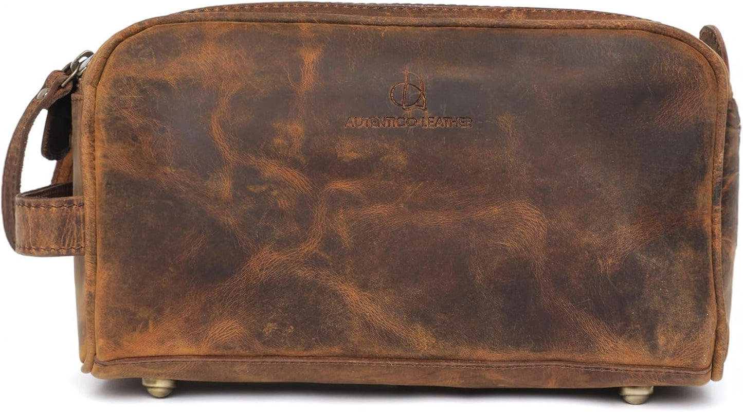 Toiletry Bag for Men - Genuine Leather Dopp Kit | Large Travel Organizer for Grooming Essentials in Distressed Brown