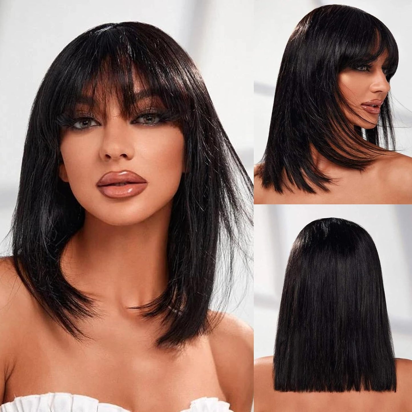 Msviki Short Curly Pixie Cut Wigs with Bangs Human Hair for Black Women Non Lace Full Machine Made Cap Human Hair Pixie Wig Brazilian Virgin Glueless Bob Wig Short Layered Wigs For Women