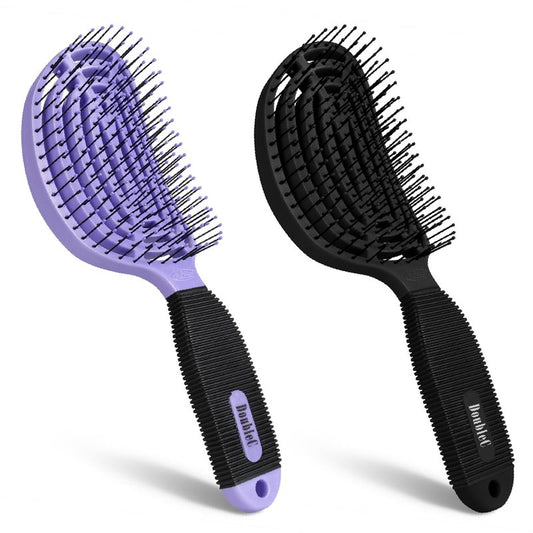 NuWay DoubleC Scalp Care Hair Brush Bundle – Patented Double Curve Design for Gentle Detangling, Scalp Massage & Healthy-Looking Hair, 2-Pack (Violet+Black)