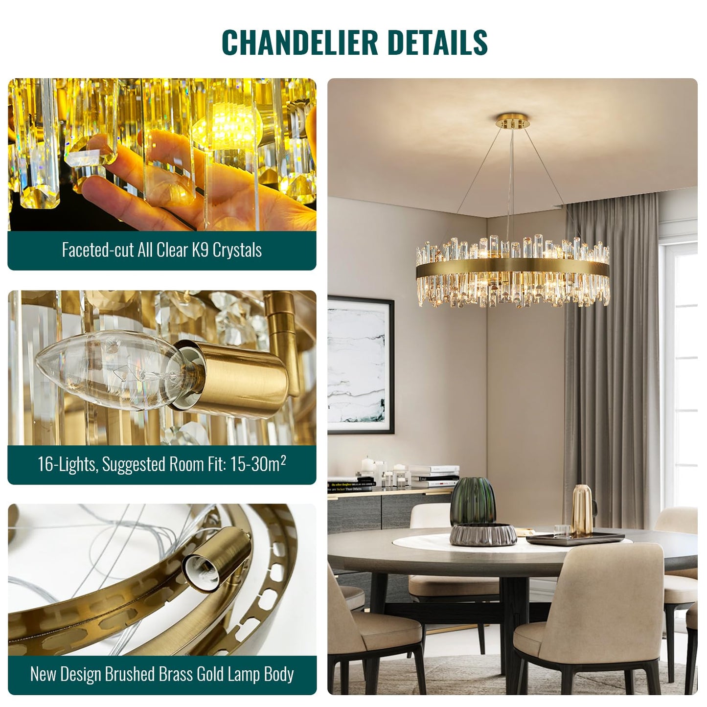 Siljoy Modern Crystal Chandelier, 16-Light Brushed Brass Gold 2-Tiers K9 Crystal Raindrop Chandelier, Luxury Large Crystal Chandelier Ceiling Light for Living Dining Room Entry Foye D31.5''