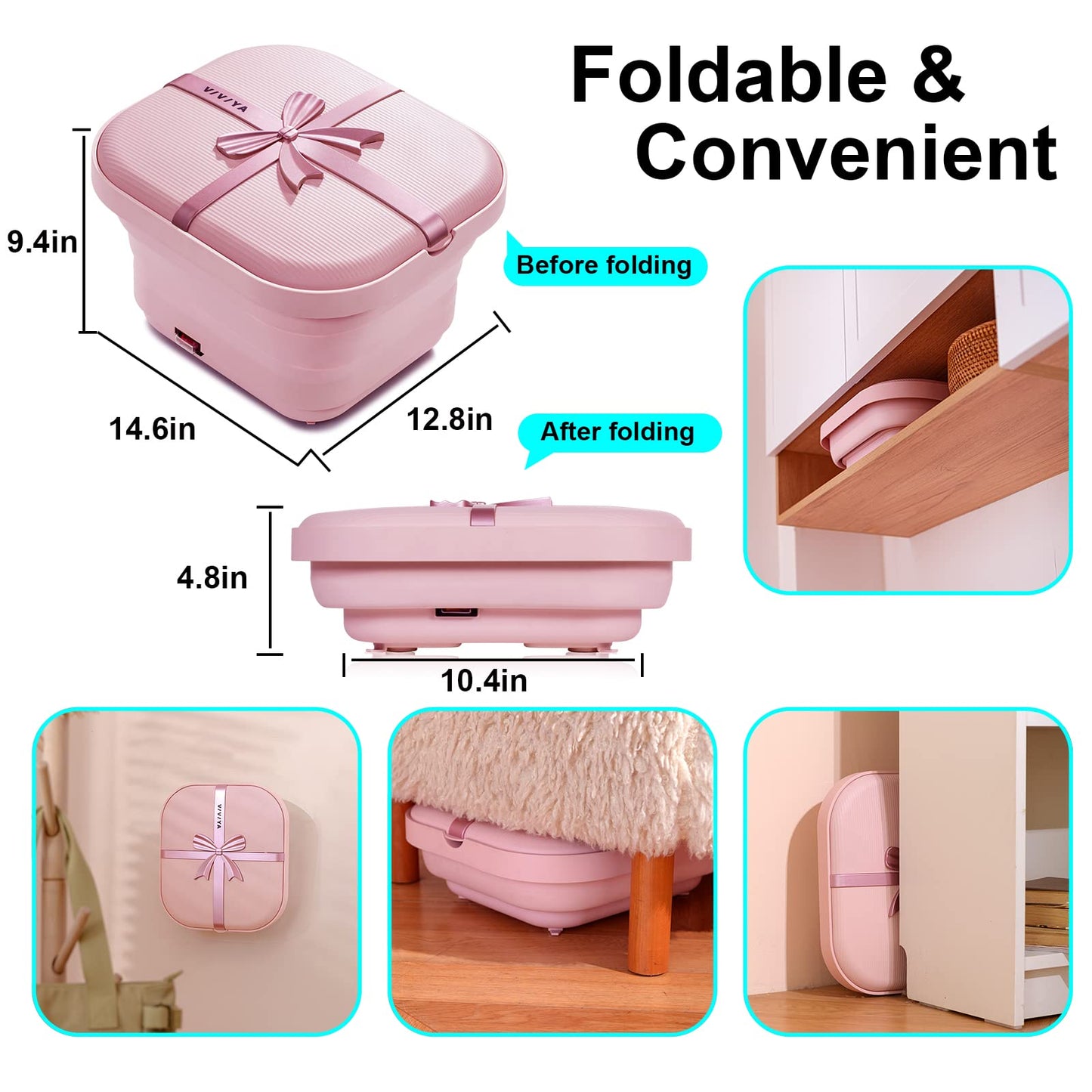 VIVIYA Collapsible Foot Bath Spa with heat and Massage Rollers, Foldable Foot Soak Tub with Bubbles Jets and LED light, Pedicure Foot Spa Massager with Foot Scrubber for Home Use (White)