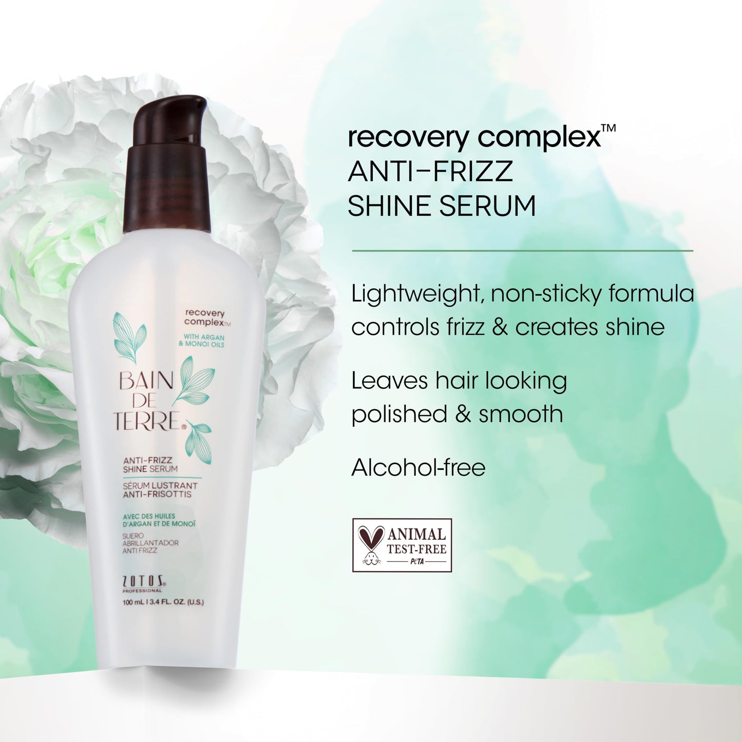 Bain de Terre Recovery Complex Anti-Frizz Shine Serum, Silky Shine & Frizz Control with Argan & Monoi Oils, Paraben-Free, Alcohol-Free, Color-Safe, Vegan, 3.4 Fl Oz