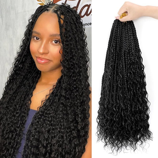 Boho Crochet Braids - Human Hair Pre-Looped Bohemian Extensions with Curly Ends | 24 Inch, Color 1B
