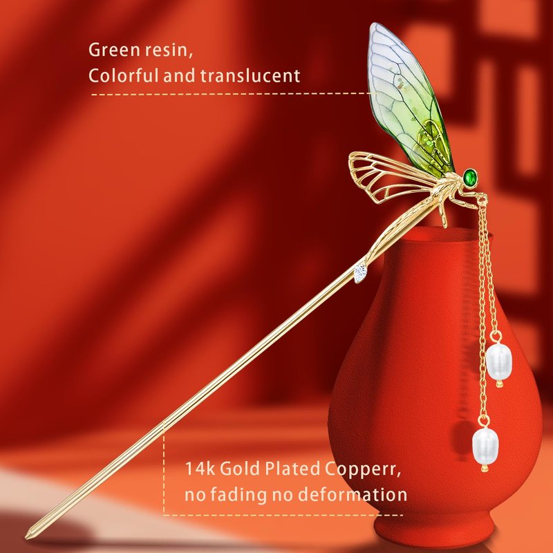 KZQtriid Hair Accessories，14k Gold Plated Copper，Vintage Handcrafted，Colour Enamels Green Dragonfly Tassels Hair Stick，5.90"Hair Clip.Hair Chopsticks For Women