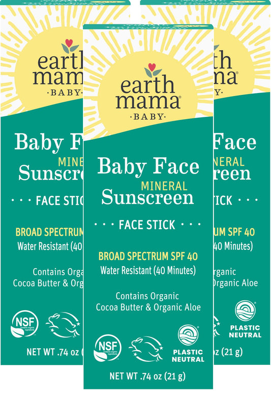 Earth Mama Baby Face Mineral Sunscreen Stick SPF 40 - (3 Pack) 0.74 oz - Non-Nano Zinc - Broad Spectrum Sunscreen for Babies, Kids & Family - Water Resistant Sun Protection