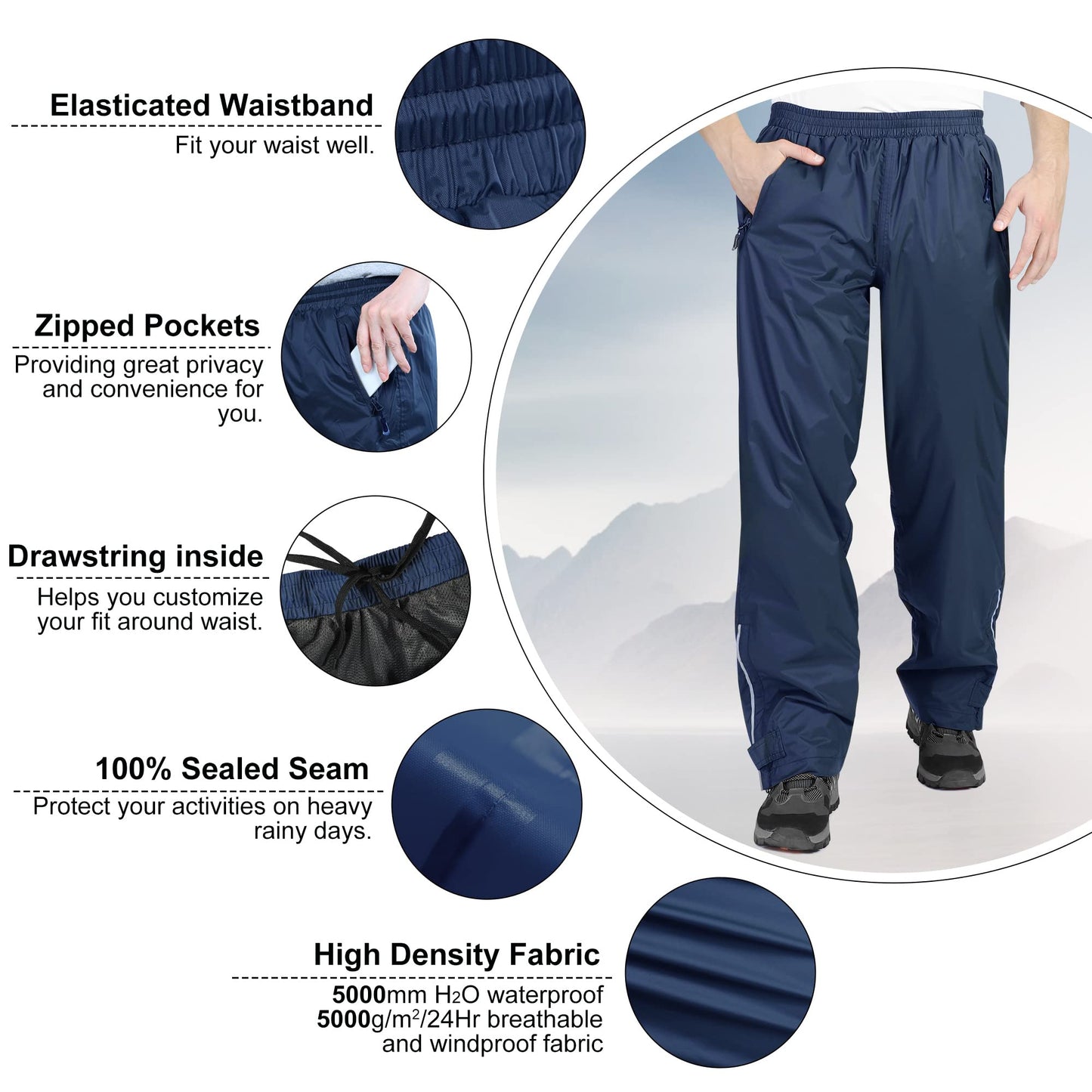 33,000ft Men's Rain Pants, Waterproof Rain Over Pants, Windproof Outdoor Pants for Hiking, Fishing Navy