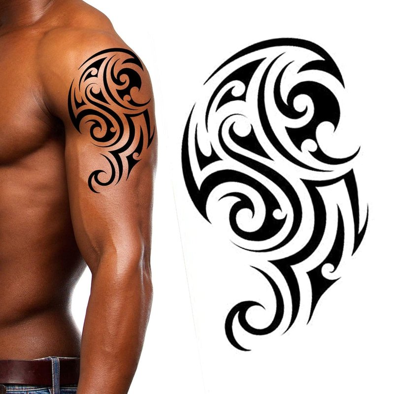 Tatodays 4 Pack Stick on black temporary tattoo maui tribal body art sticker transfer for arms shoulder aztec polynesian samoan hawaiian for adult men and women (4 x all tribal tattoo designs)