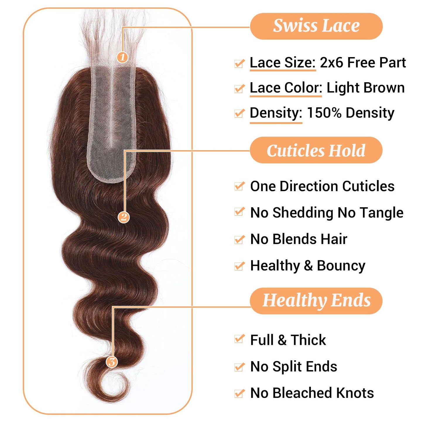 2x6 HD Lace Closure 4# Brown Body Wave Transparent 2 by 6 HD Lace Closure 14 Inch 100% Brazilian Virgin Unprocessed Middle Part Human Hair Closure