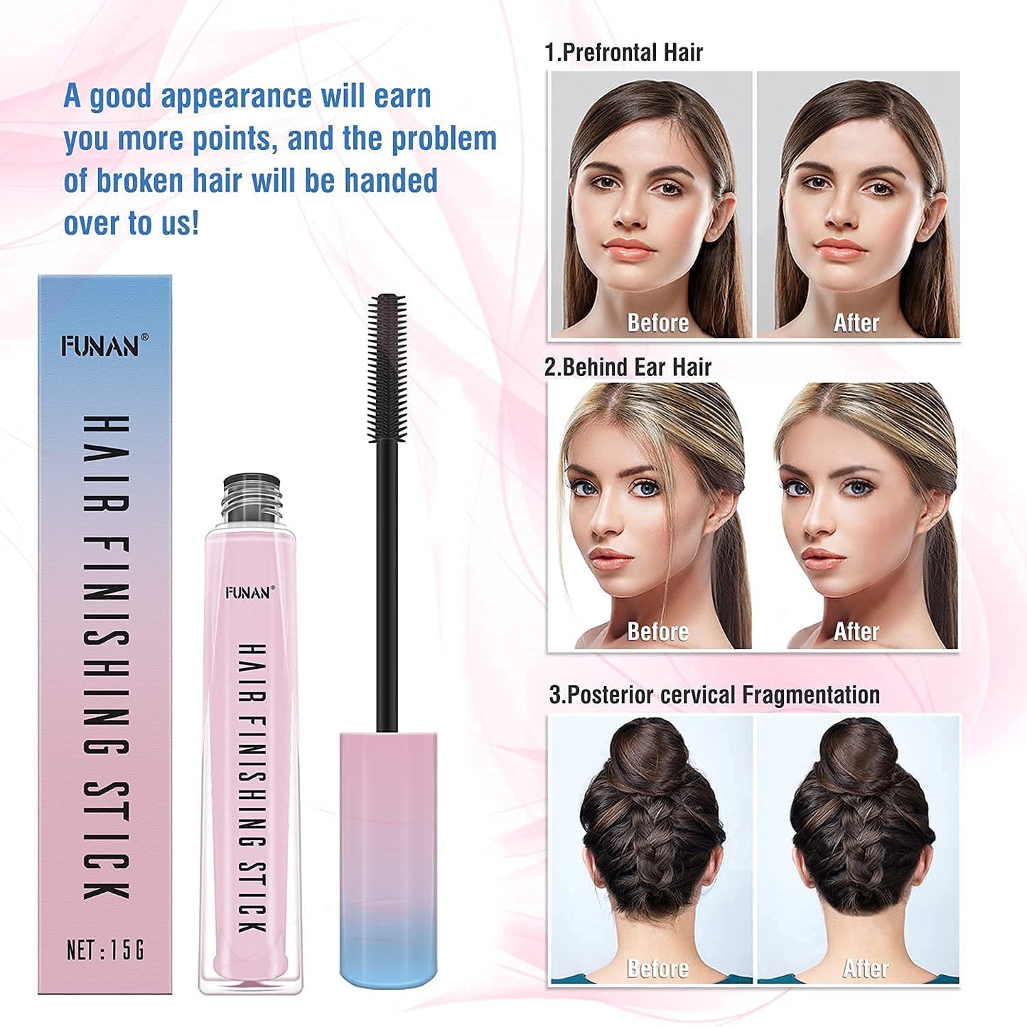 FUNAN Hair Finishing Stick 2 Pack, Flyaway Hair Tamer for Women, Baby Hair & Edge Control Wand, Non-Greasy Hair Mascara for Smooth Buns & Ponytails, Travel Size