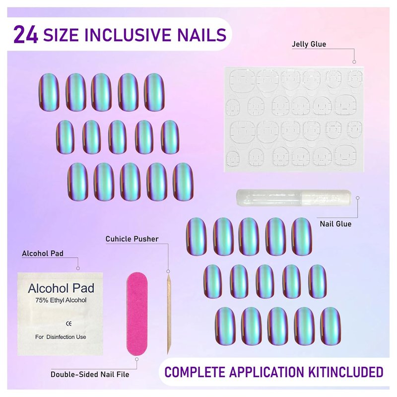 Short Almond Press On Nails - Bright Purple Electroplated Glossy Finish | 24 Nail Kit in 12 Sizes