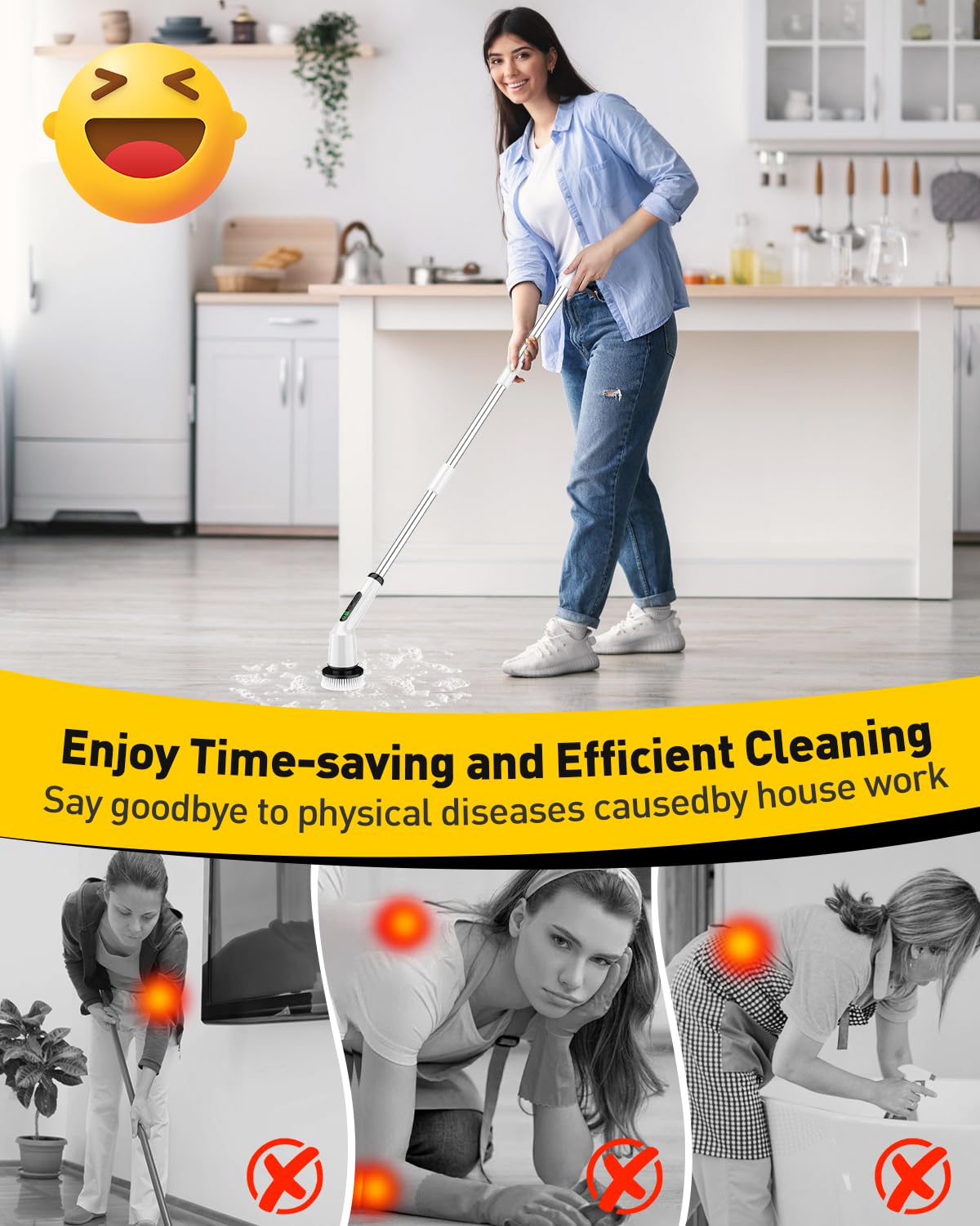 Shower Scrubber with Long Handle, Electric Spin Scrubber for Cleaning Bathroom, Cordless Cleaning Brush with IPX7 Waterproof & 2 Speed, Cleaning Supplies for Shower Tub Kitchen Tile Toilet