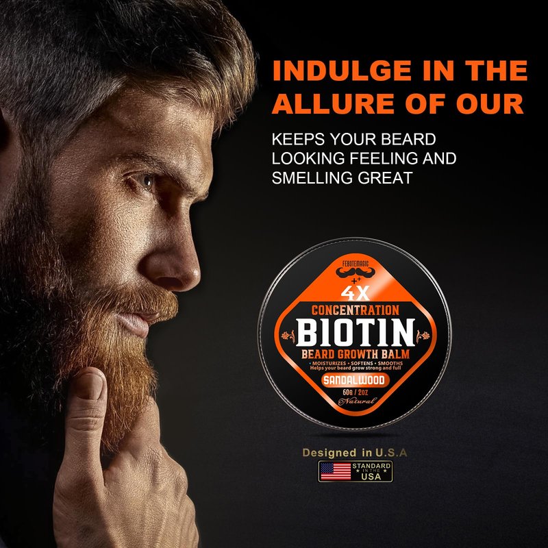 FEBOTE Biotin Beard Growth Balm for Men – Conditioning Balm with Castor, Shea & Jojoba Oils to Condition, Soften & Thicken Facial Hair – Non-Greasy, Sandalwood Scent – 2 oz Grooming Kit