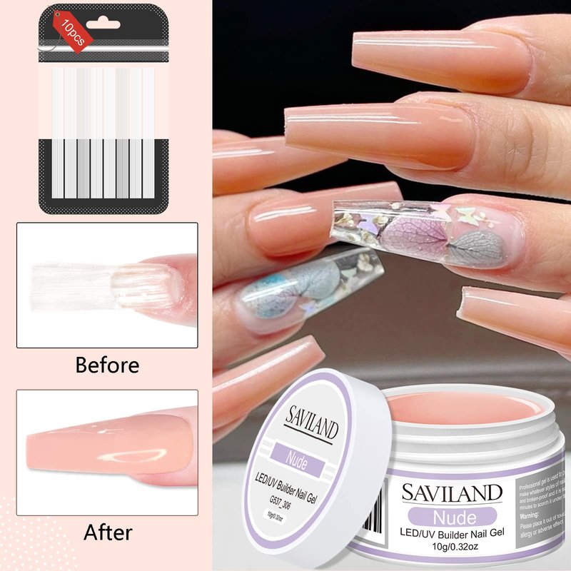 SAVILAND Builder Nail Gel Set - 2 Basic Colors Nail Extension Kit for Thickening Strengthening & Apex Building with Foundation Gel Top Gels LED Lamp Brush 100 Pcs Nails Forms for Home Salon