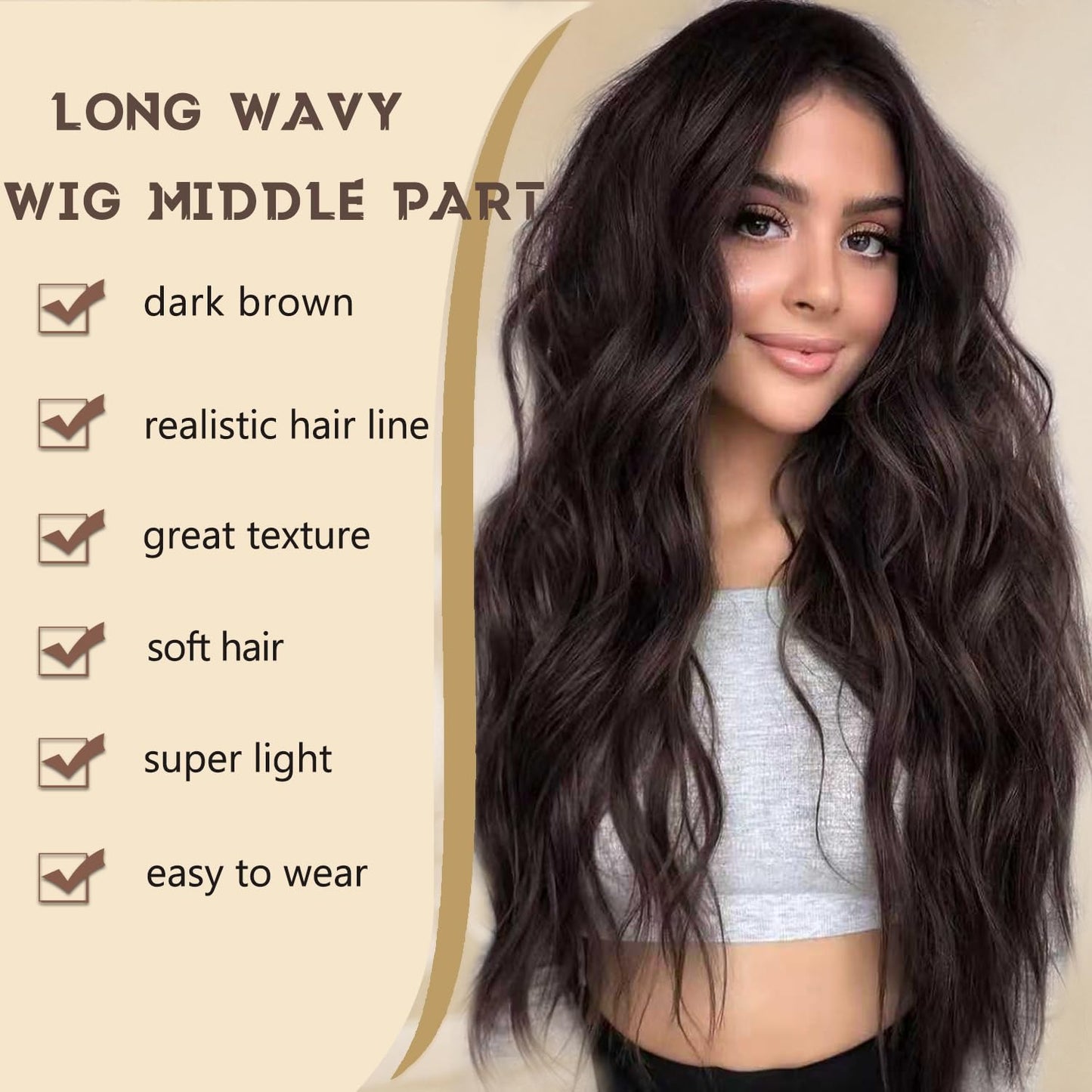 FEIVOSILAN Dark Brown Wig for Women Long Wavy Brown Wig Middle Part 26 Inch Wigs Heat Resistant Synthetic Wig for Daily Use