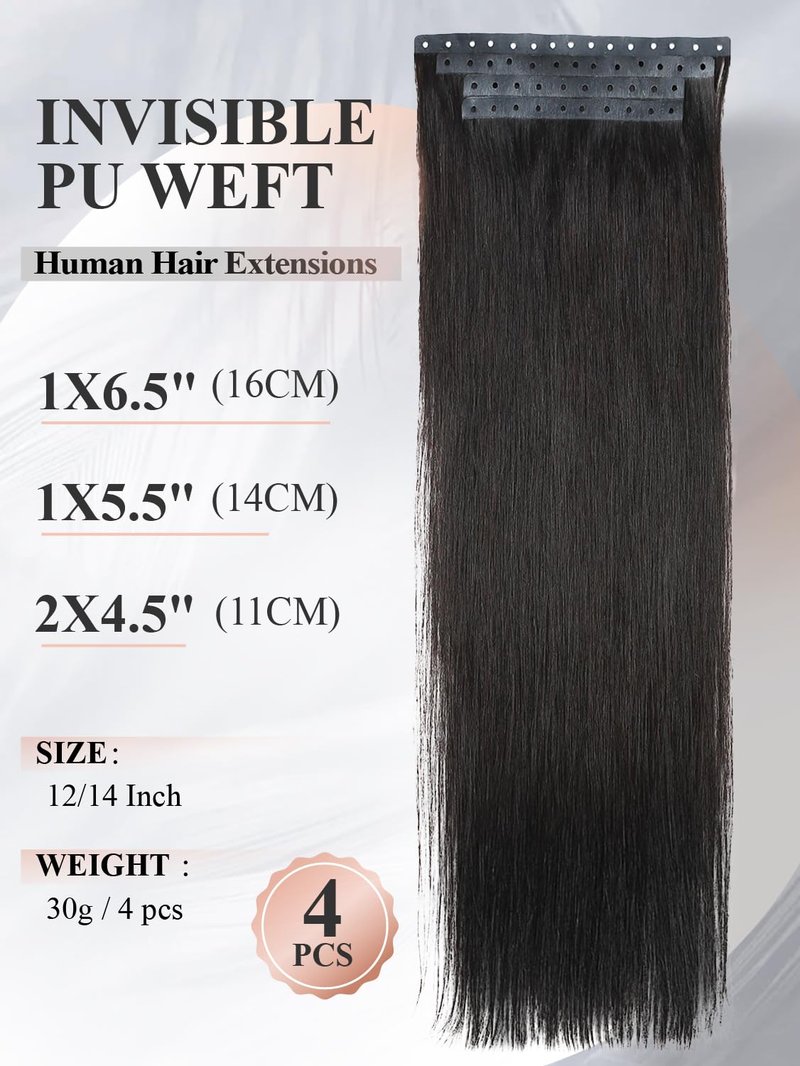 Remy Human Hair Extension Micro Ring PU Hair Extensions Invisible Beaded Weft Hair Extensions Human Hair Tape in Weft in Hair Extension Human Hair for Women Natural Black (30g 4Pcs,14 Inch)