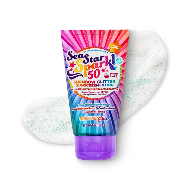 Rainbow Party Cake Scented Glitter Sunscreen - SPF 50, Biodegradable & Water Resistant | 3.4oz Kids Lotion
