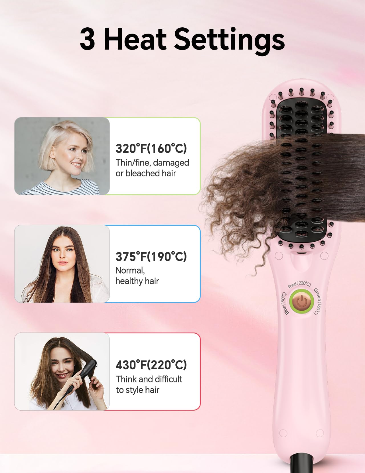 LANDOT Mini Hair Straightening Brush – Portable Heated Ionic Straightener Brush for Short to Medium Hair, 30s Fast Heat, Lightweight Hot Comb for Travel, Blush Pink