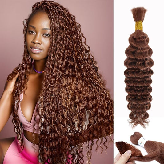 12A #30 Auburn Brown Human Braiding Hair for Boho Braids 1 Bundle 20 Inch 50g Deep Wave Braiding Hair for Bohemian Knotless Braids 100% Unprocessed Virgin Bulk Hair Extensions No Weft