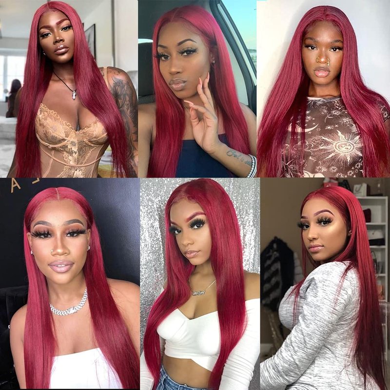 QMSSR Burgundy Red Lace Front Wig Long Straight Synthetic Lace Front Wigs for Women Glueless 13x3 Lace Heat Resistant Fiber Hair Wig Natural Hairline Baby Hair