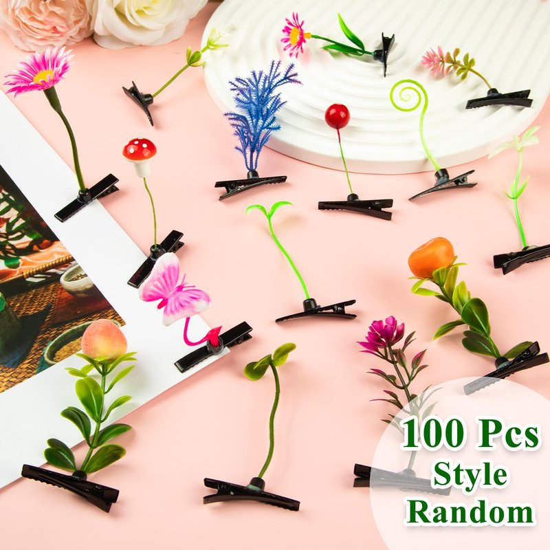 100 Pcs Sprout Clips Mixed Style Plant Hairpins Little Grass Sprout Hair Clips Butterfly Mushroom Hair Accessories Gift for Women Girls Kids Party School