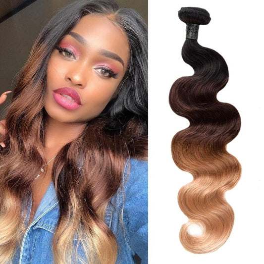 100% Unprocessed Virgin Ombre Human Hair Bundles T1b/4/27 Three Tone Body Wave Bundles 12A Raw Human Hair One Bundle 14 Inch Ombre Blonde Wavy Bundles Quick Weave Hair Extensions with Thick Ends