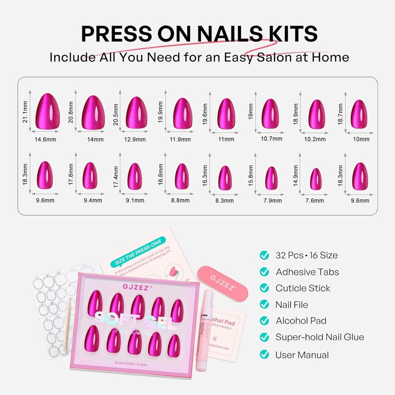 Almond Cat Eye Press-On Nails - Hot Pink Soft Gel Fuchsia | 32 Pcs Reusable in 16 Sizes