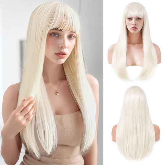 Bkiyyi Platinum Blonde Wigs with Bangs for Women Long Blonde Straight Wig for Grils Heat Resistant Synthetic Colored Wig for Cosplay for Party Halloween Daily Use 24inch