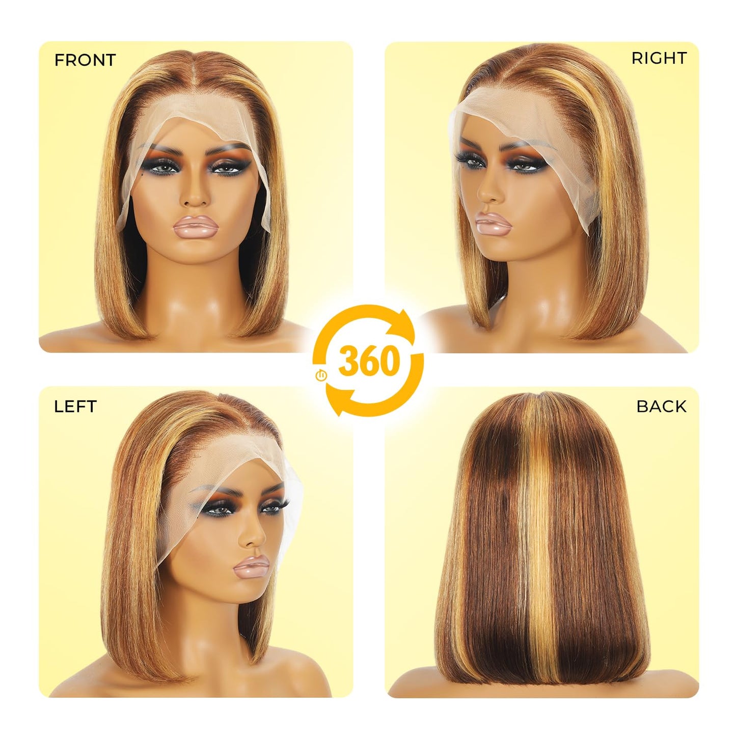 Highlight Bob Wigs - Human Hair Straight 13x4 HD Lace Front Wig | 4/27 Honey Blonde, 8 Inch, 180% Density, Pre-Plucked with Baby Hair