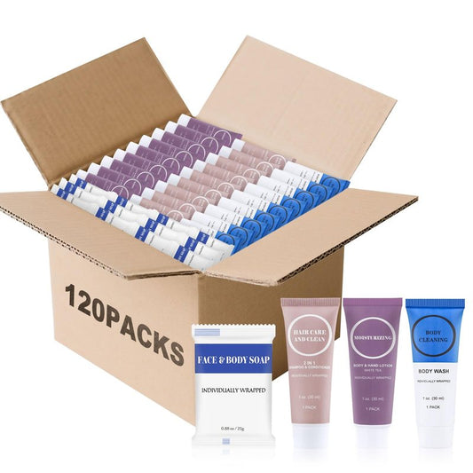 Travel Size Toiletries Set Bulk, Individually Wrapped 1 oz Mini Body Lotion Shampoo & Conditioner Body Wash 0.88 oz Bars Soap Toiletry Kit Guest Amenities for Hotel/Shelter/Homeless/Charity (120 Pack)