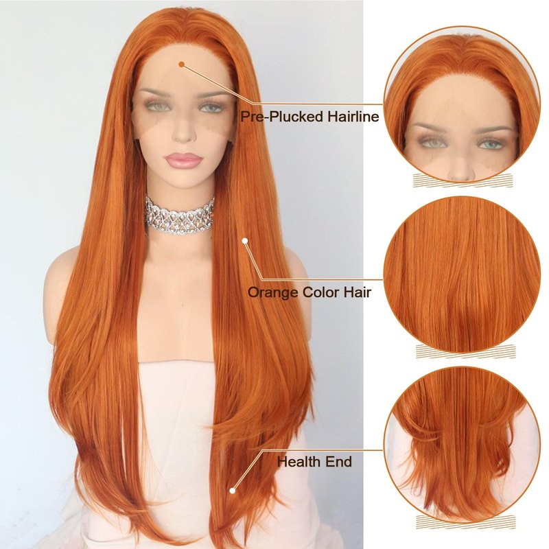 Orange Lace Front Wig - 13x4 Synthetic Natural Wave - 26 Inch Glueless Pre Plucked for Daily Cosplay & Halloween