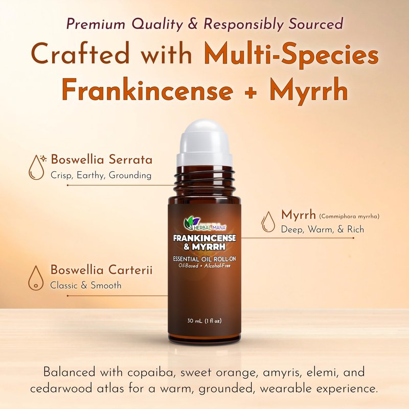 Frankincense & Myrrh Essential Oil Roll-On, 30 mL (1 fl oz) – Pre-Diluted Aromatherapy Rollerball in Fractionated Coconut Oil (FCO) – Alcohol-Free Pulse Point Oil Roller