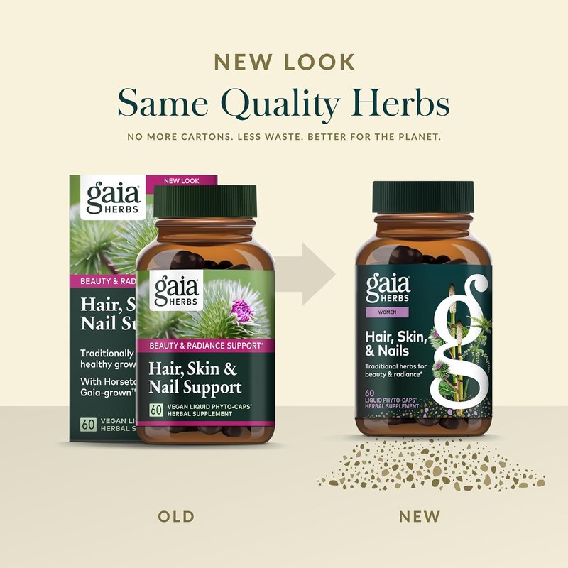 Gaia Herbs Hair, Skin & Nails Supplement | Supports Healthy Skin, Hair & Nails with Astaxanthin & Horsetail - 60 Vegan Capsules