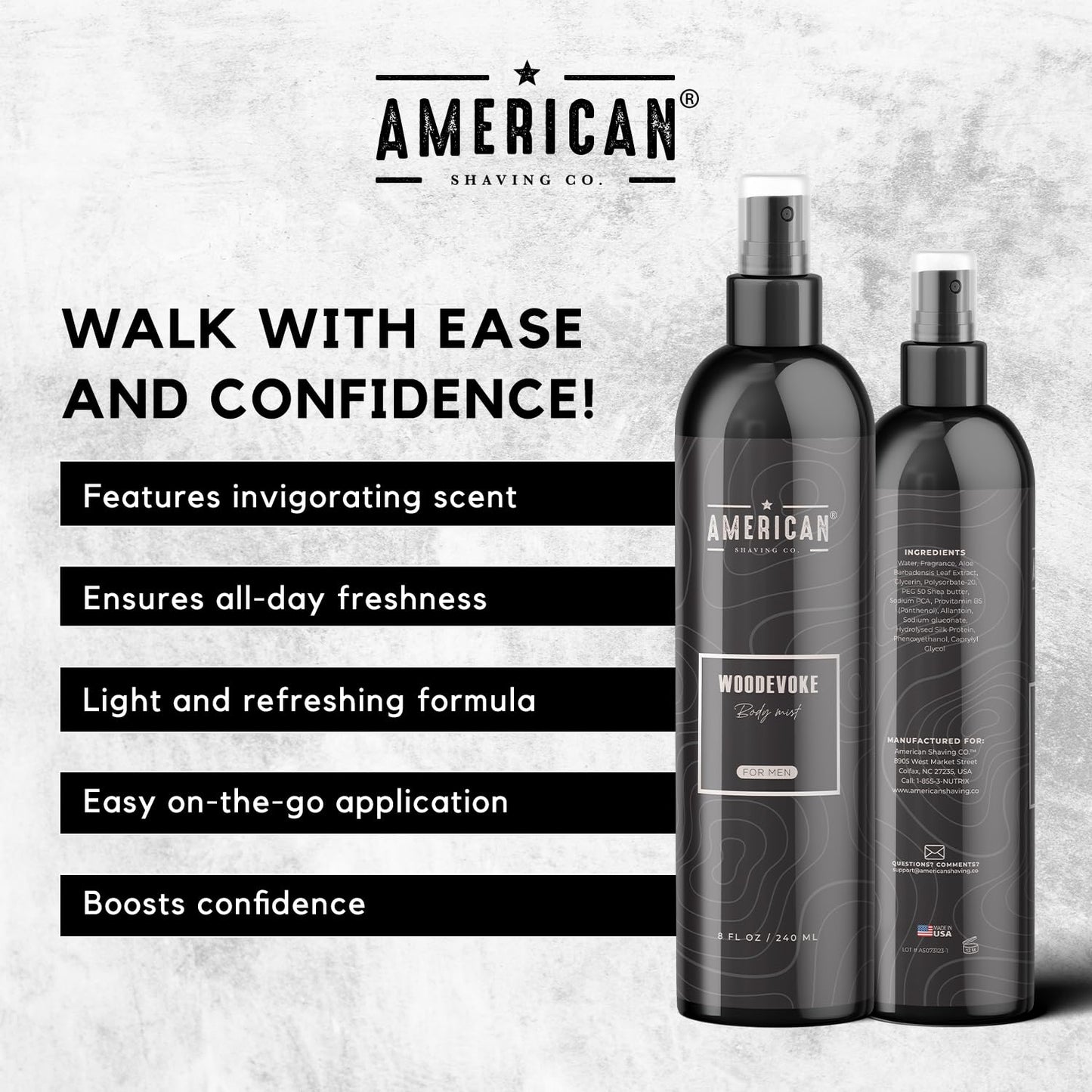 American Shaving Co. Woodevoke Body Mist For Men 8 oz, Made in USA, Quick Absorption, Quality Potent Ingredients, Long-Lasting, Non-GMO, GMP Certified, Cruelty-Free Products