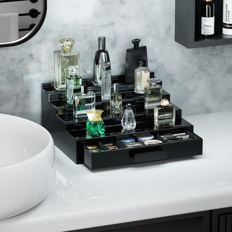 ProCase 4 Tiers Lacquered Finish Wooden Cologne Organizer for Men, Perfume Display Stand Shelf with Drawer, Men's Cologne Storage Rack, A Perfect Cologne Holder Gift for Father Dad -Black