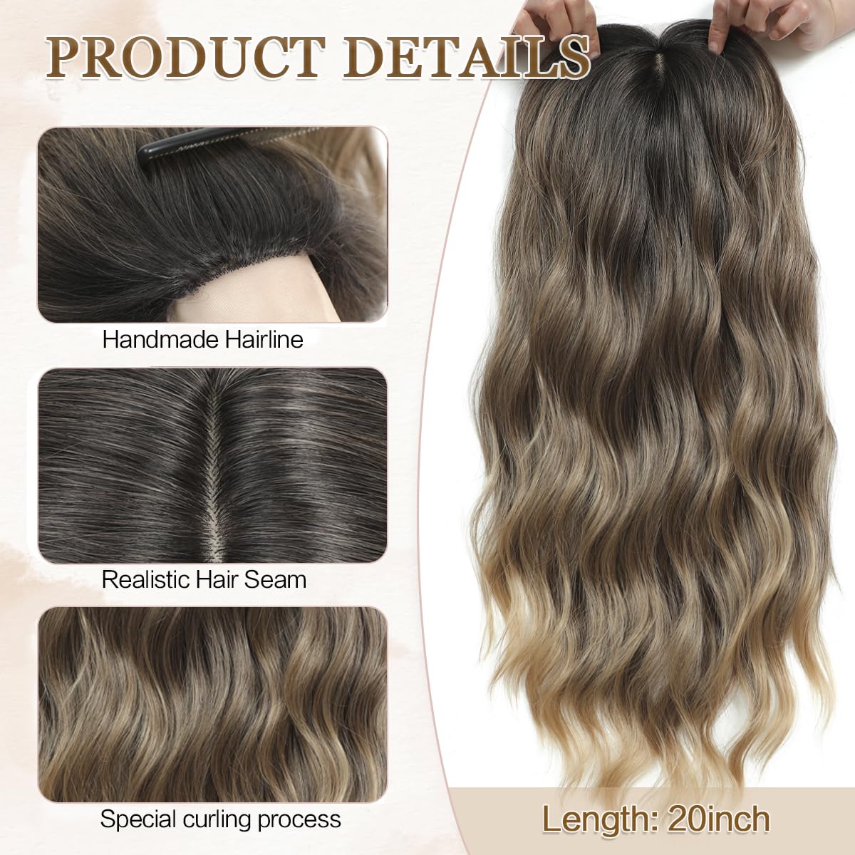 gulagula 20" Wavy Hair Topper 6.5"x6.5" Base Size Hair Toppers for Women Synthetic Hairpieces for Women with Thinning hair Wavy Clip In