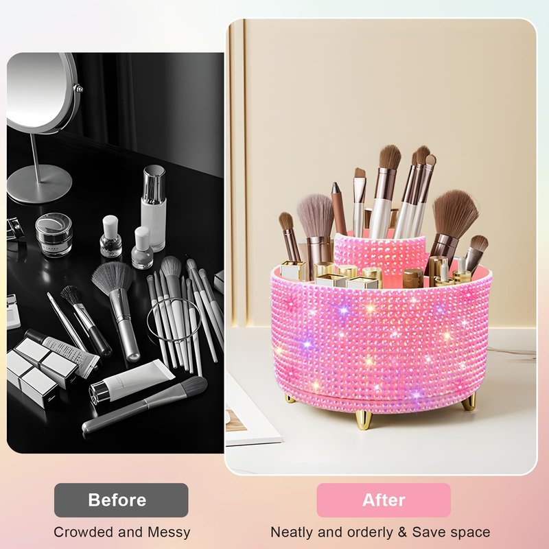 Diesisa Bling Diamond 360° Makeup Brush Holder Organizer, Rotating Makeup Brush Organizer,5 Slot Make up Brushes Cup for Cosmetics, Vanity Desktop Organizer, Gift for Women Teen Girls- Diamond Pink