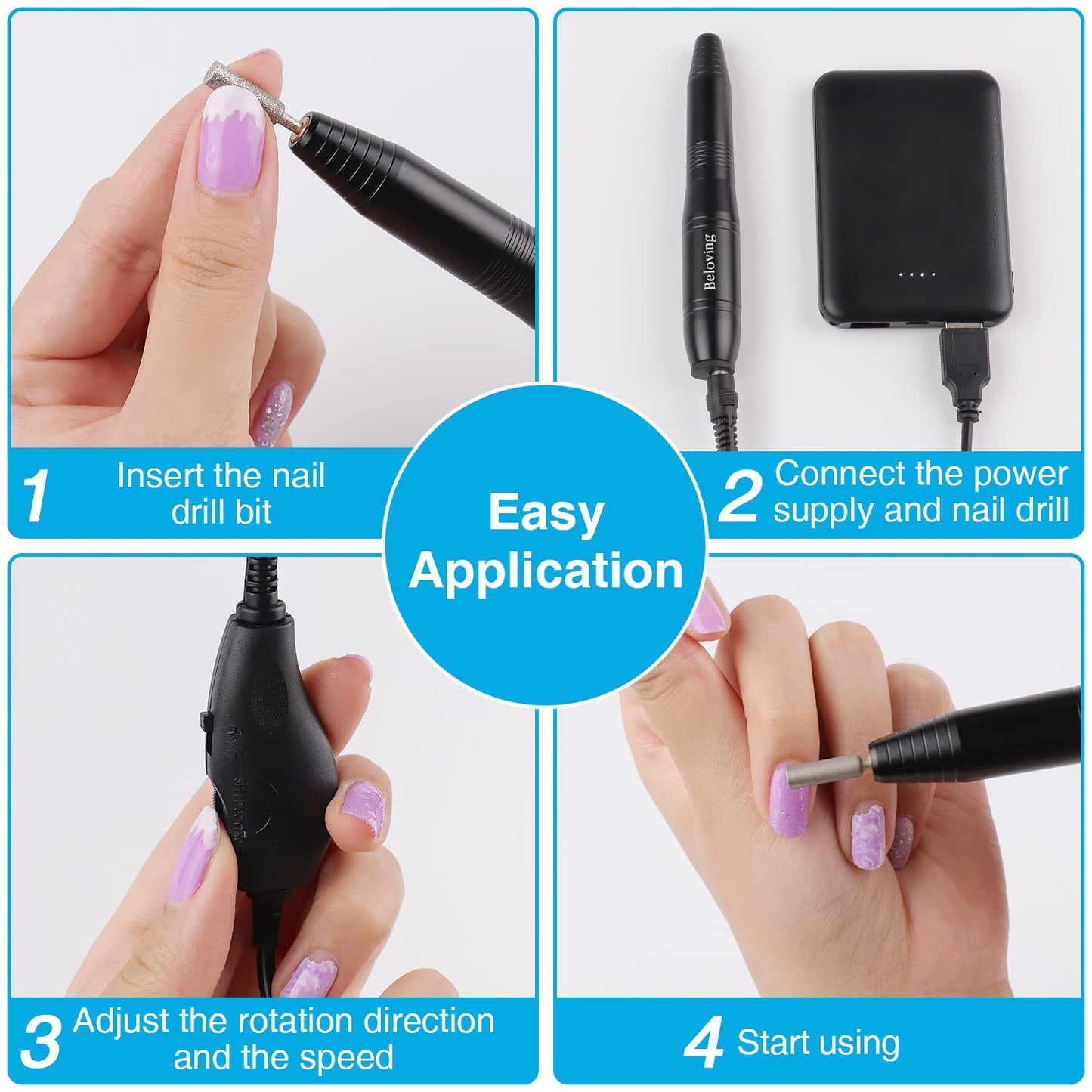 Portable Nail Drill with Power Bank Kit, Electric File for Acrylic Dip Gel and Natural Nails, Manicure Pedicure Drill Efile Tools with Drill Bits and Sanding Bands, Speed Control Power Cord, Black
