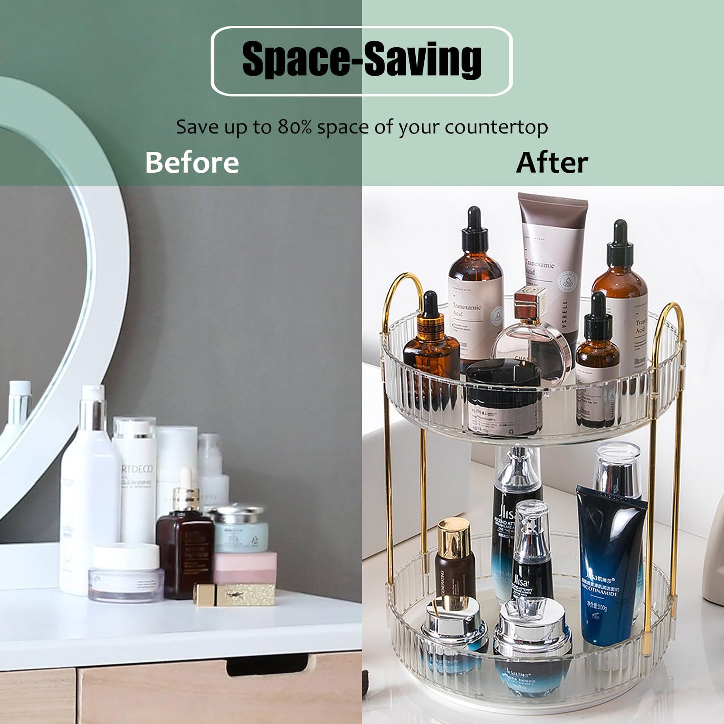 Zufudo Rotating Makeup Organizer Countertop 2 Tier Lazy Susan Trays Clear Skincare Perfume Storage for Bathroom Counter Vanity, Transparent
